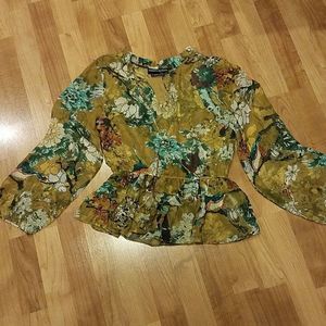 Hemant & Nandita Top Blouse Floral Tiered Ruffle Peplum Yellow Green XS